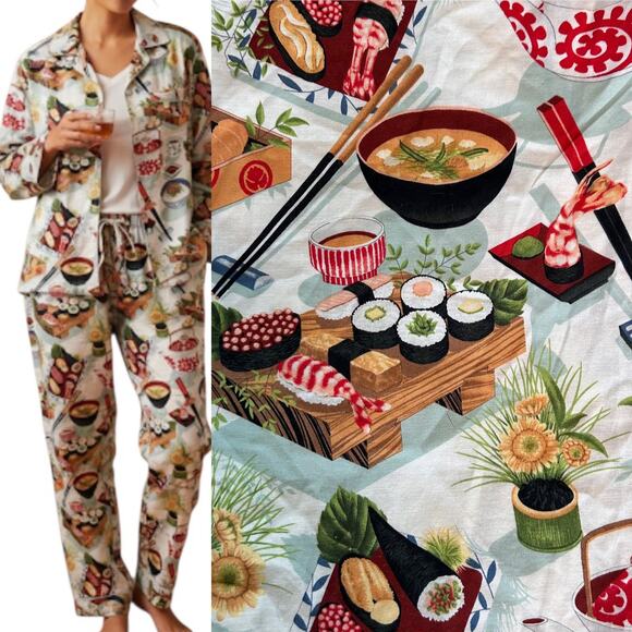 NWOT The Cat’s Pajamas 100% Pima Cotton Japanese Food Sushi Print PJ Set Small - Picture 1 of 11